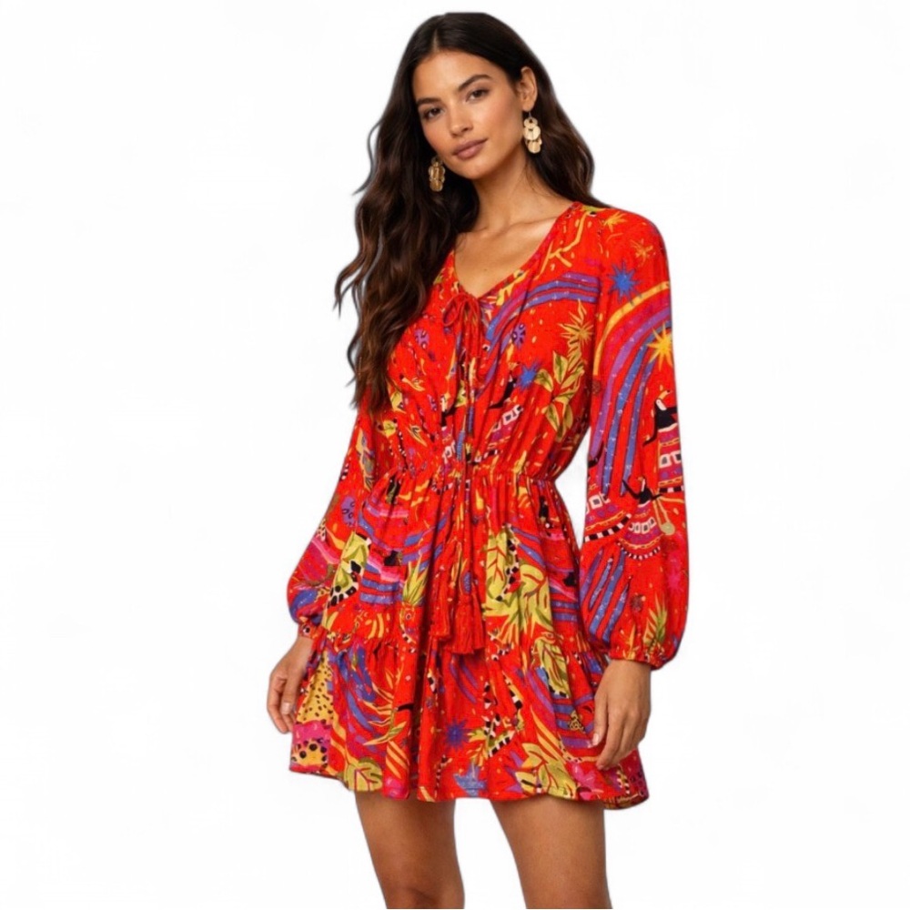 FARM Rio Anthropologie Magic Forest Red Mini Dress XS Fairy Boho Long Sleeve